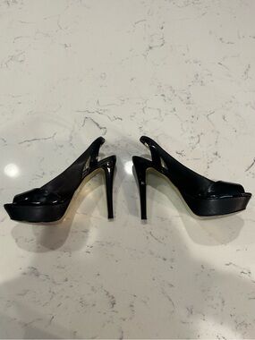 bebe Black Patent Peep-Toe Slingback Platform Heels
